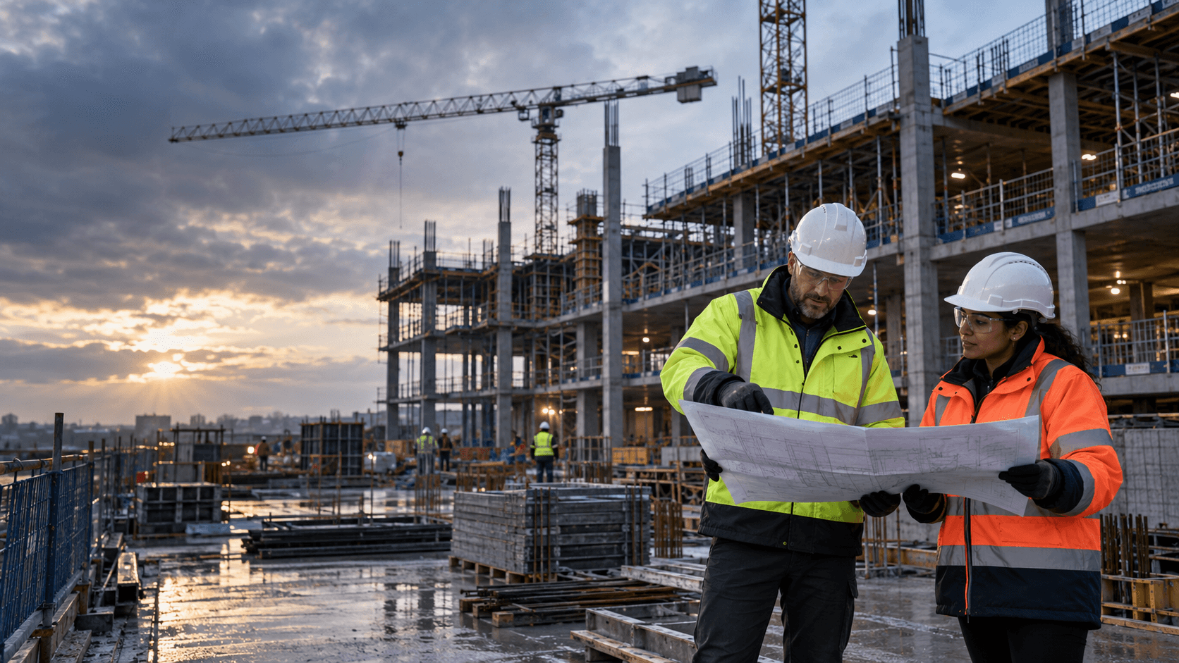 Construction professionals reviewing plans on a live building site