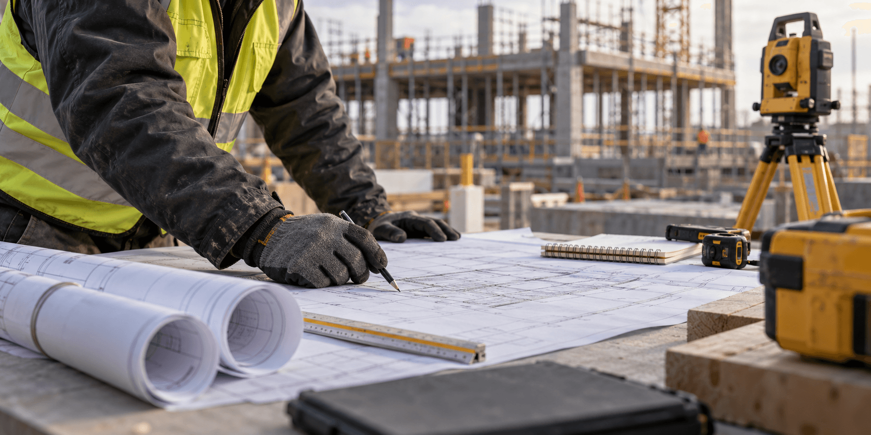 Site professional checking construction plans beside survey equipment